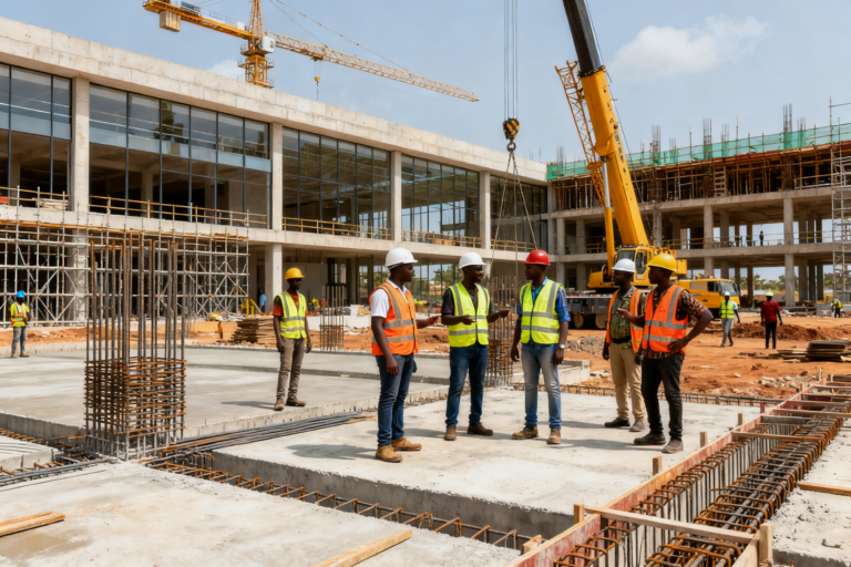A large-scale commercial construction project in Ghana, set in Accra or a simila