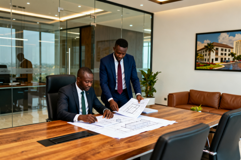 A sleek executive office in a modern Ghanaian corporate building. Minimalist des